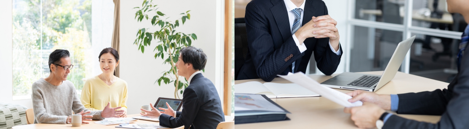 女性と男性が話している写真・机の上にパソコンと書類が乗っている写真
